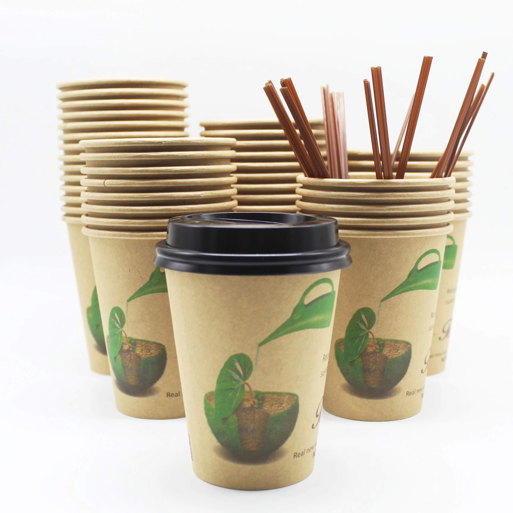 Bulk 12oz Bamboo Disposable Takeaway Coffee Cups Lid Eco Compostable Double Wall 