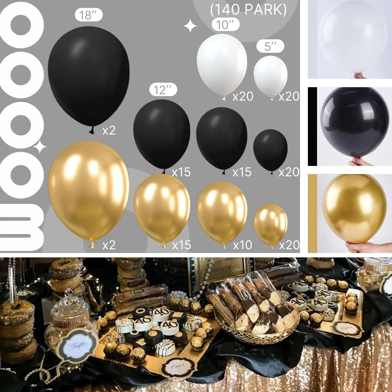 PartyWoo Black Gold and White Balloons 140pcs Birthday Party Black And Metallic Gold Balloons 18Inch 12Inch 10Inch 5Inch