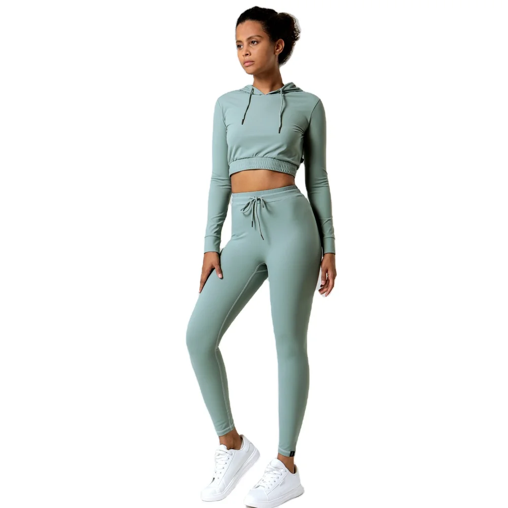 Wholesale Crop Top Drawstring Hoody Fitness Hoodie Set Women Clothes Set Womens Yoga Sets