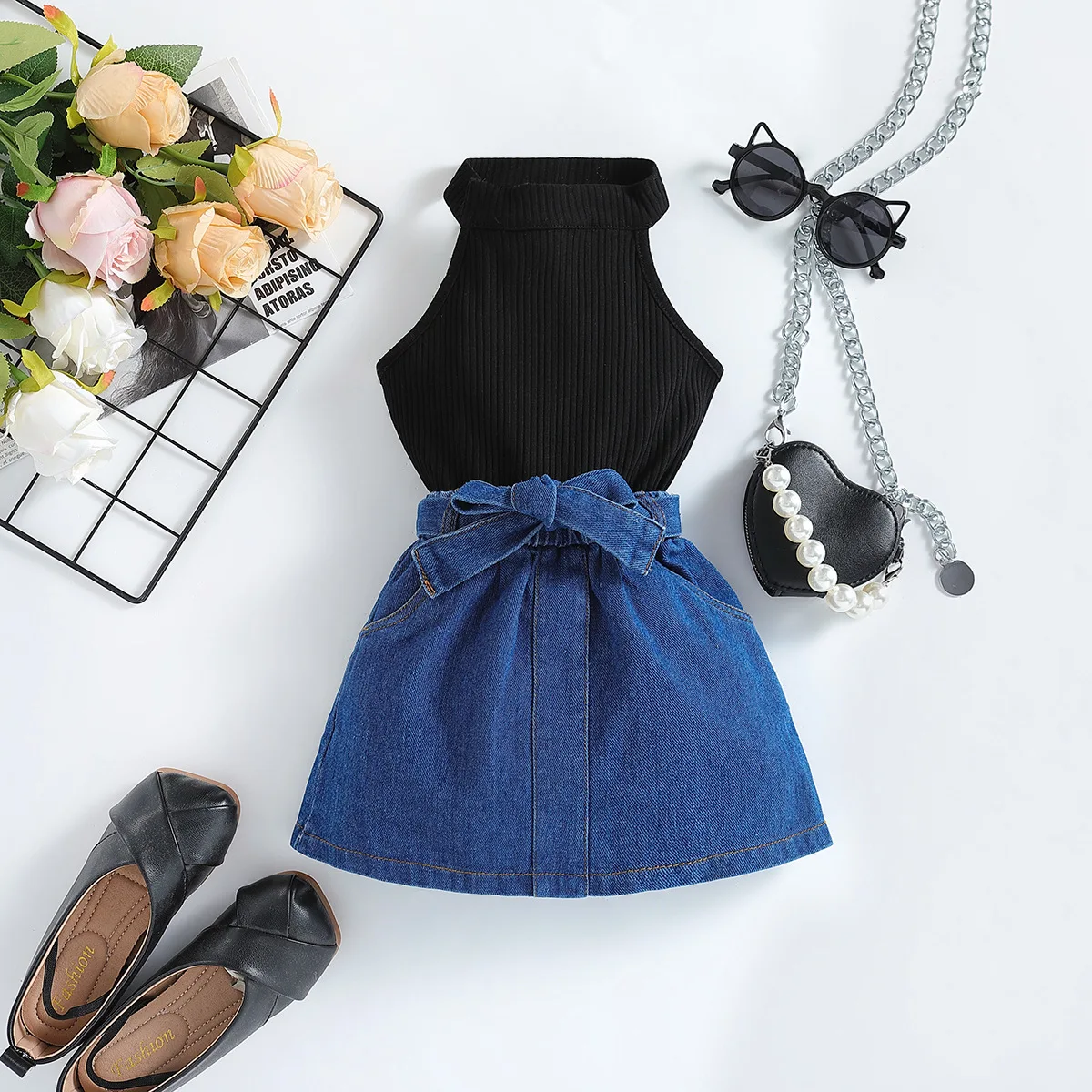 New casual children's clothing sleeveless pit strip vest+denim skirt two piece boutique kids clothing girls outfits