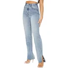 Wash Pant Enzyme Wash Trendy Vintage Wash High Waist Split Hem Women Casual Straight Leg Jeans Denim Pant