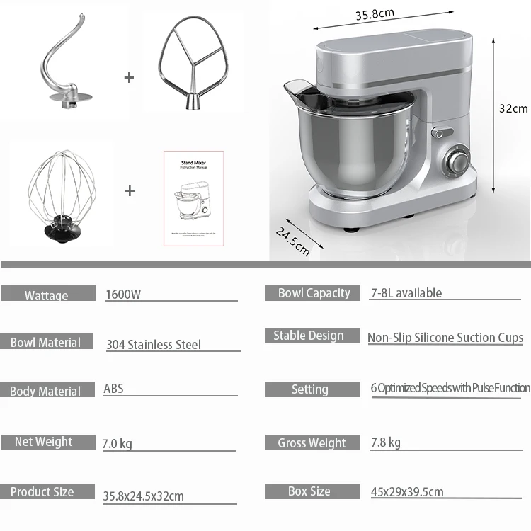 4.75QT 8-Speed Stand Mixer With Stainless Steel Bowl – 380W, Includes Dough Hook, Beater, Whisk