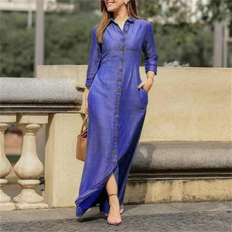 Woman Plus Size Autumn New Casual Long Denim Dress Women's Fashion Solid New Lapel Pocket Button Shirt Dresses details