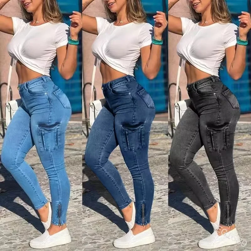 Custom made women's flare pants skinny fit Denim washed Raw hem women's jeans pants cargo pants