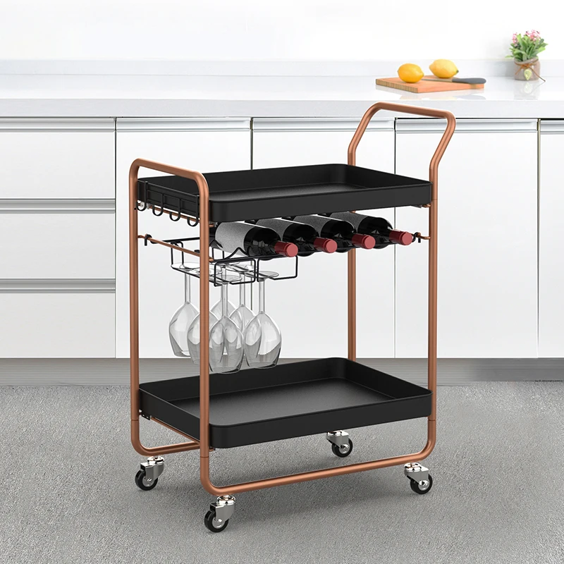 Rose Gold Portable Utility Movable 2 Tier Kitchen Bar Wine Rolling Trolley Wine Rack Storage Serving Cart With Glass Frame