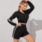Tracksuit Fashion Casual Gym Tracksuit Long Sleeve Jacket And Shorts Side Stripe Zipper Front Women Sports Set