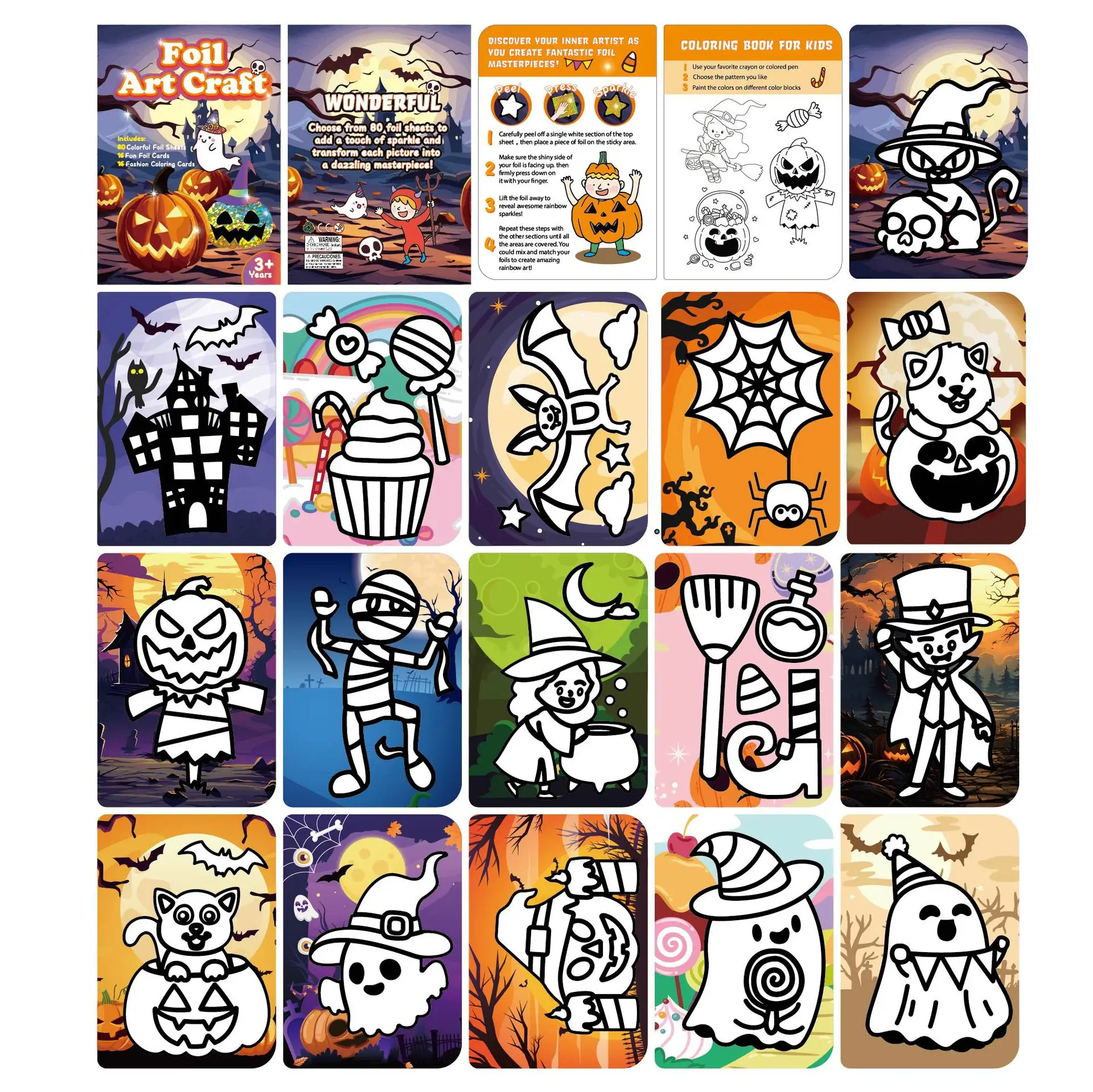 Produkt Halloween Kürbis Folie DIY Scratch Art Spiral Kit Großhandel Handwerk Aktivitätsbuch für Kinder Papier Zeichenspielzeug zum Malen-30