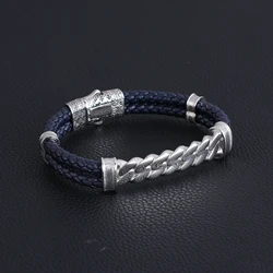 High Quality Luxury Custom Set Male Stainless Steel Clasp Black Braided Cord Handmade Rope Genuine Leather Bracelet For Men