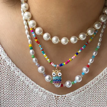 Bestone Fashion Ladies Jewelry Miyuki Rice Bead Pearl Necklace Summer Bohemian Style Colorful Rice Bead Necklace