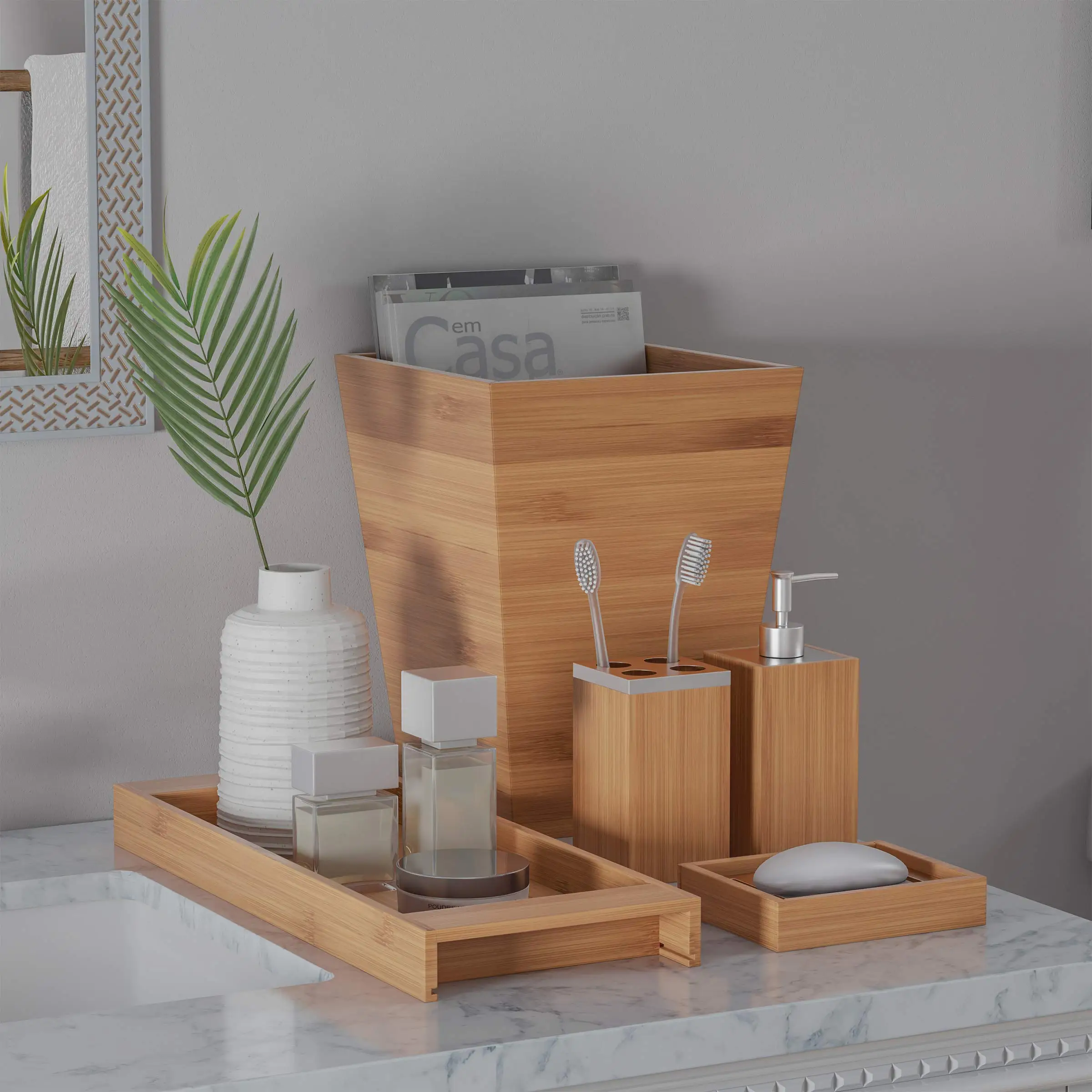 product zc custom 5 piece bathroom decoration set bamboo vanity accessories soap dish soap dispenser toothbrush holder-7