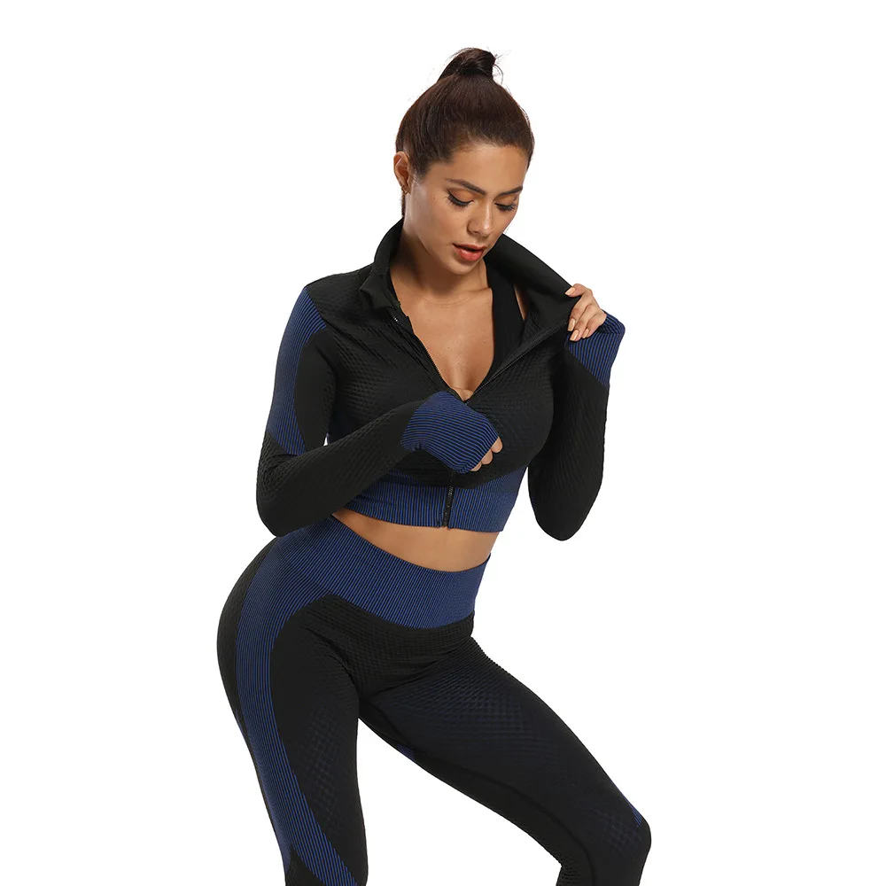 lulu High quality high zip long sleeve tracksuit tights seamless three-piece thigh-lifting fitness pants Tight bra Yoga pants