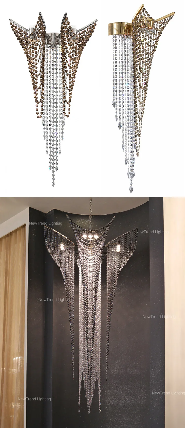 CPL-291 Luxury Style Indoor Decoration Hanging Light Hotel Lobby Hall Villa Staircase Crystal Bead Chain LED Chandelier manufacture