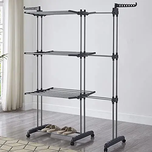 product movable household folding telescopic metal double pole clothes drying rack floor standing towel drying rack-1