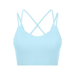 Women Custom Nylon Stretch Fabric Cross Back Top With Removable Pads Workout Sports Bra