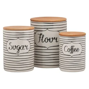 Wholesale Custom European Ceramic Tea Sugar Coffee Canisters Set with Seal Wooden Lid