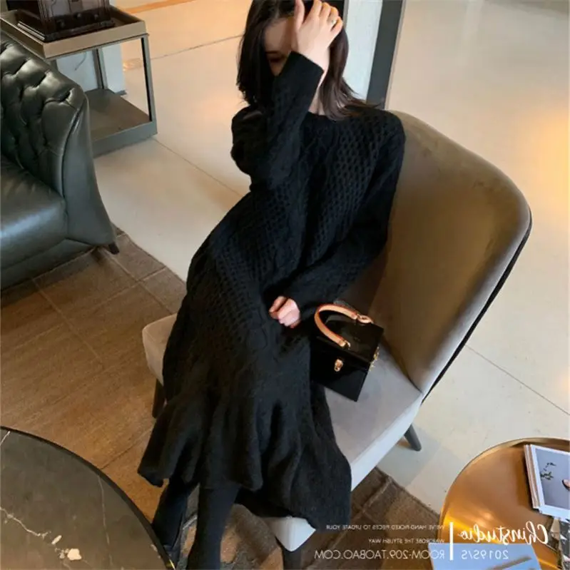 brand design cable winter crew neck knitted clothes loose plus size women long sweater dress