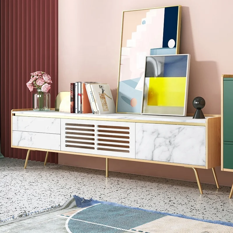 Home Modern Furniture 1.8m Marbling Slab Wood Frame Gold Foot TV Table Cabinet