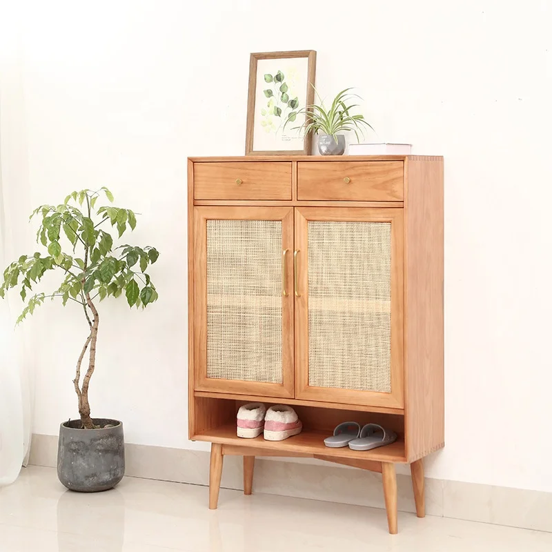 Nordic solid wood household shoe cabinet bedroom rattan multilayer storage cabinet Breathable living room wall porch cabinet