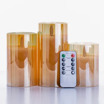 Gold plating glass rechargeable electronic flameless smokeless timer fake pillar LED candle