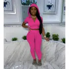 MISS Hot Sale Crop Top Hoodie Pants Short Sleeve Casual Summer 2 Piece Sports Jogger Workout Set Women