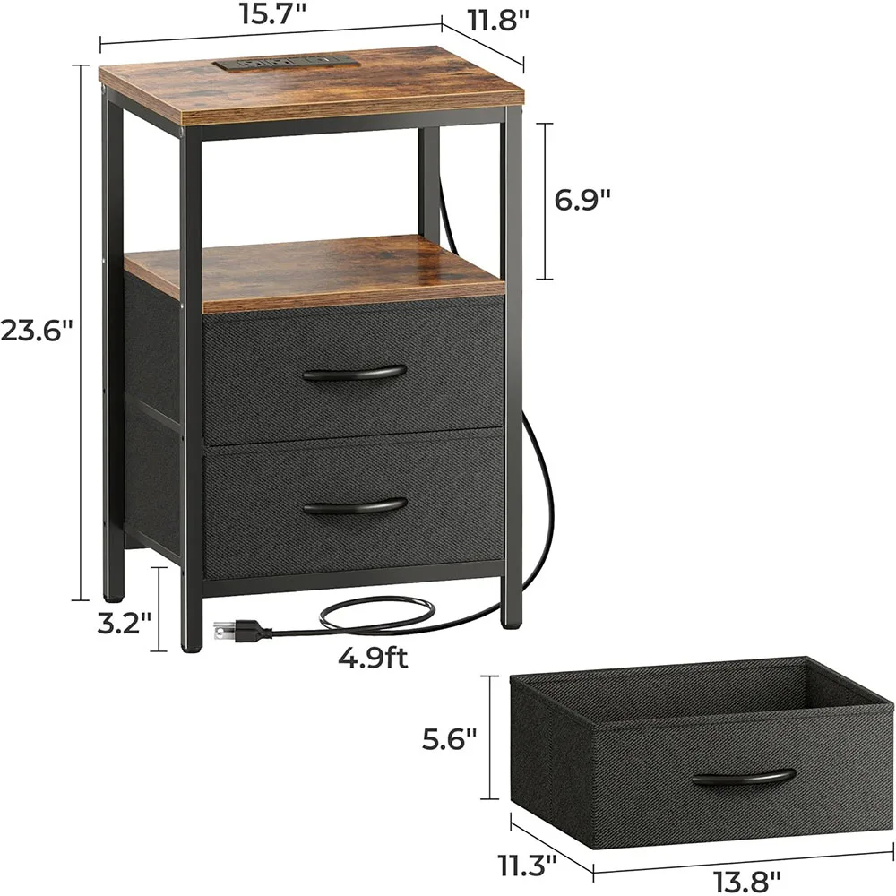 Modern Home Nightstand with Smart Charging Station Fabric Drawers Open Shelf USB Ports Outlets Wooden Panel Bedside Table details