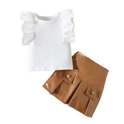 New casual boutique summer girls outfits fly sleeve shirts matching PU skirt fashion little girls two piece suits