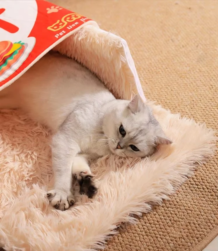 New Snack Box Plush Pet Bed Fully Enclosed Cookie Box Shape Warm Soft Windbreak Cute Pull Out Cat House Cushion Pet Products supplier