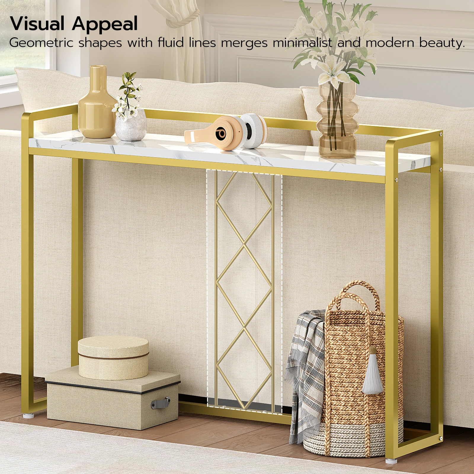 Wholesale Modern Design White and Gold Narrow Marble Top Wood Console Table Sofa Table with Metal Frame for Foyer Living Room