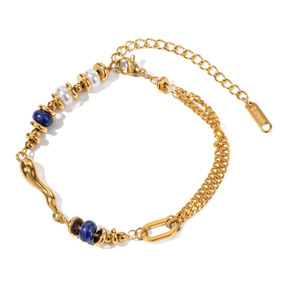 Tarnish free stainless steel Gold Plated Pearl lapis lazuli stone drop shaped pendant beads Bracelet