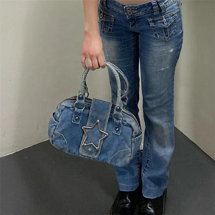Five Pointed Star Metal Patch Handbag Retro Vintage Fashion Denim Zipper Out Small Square Bag