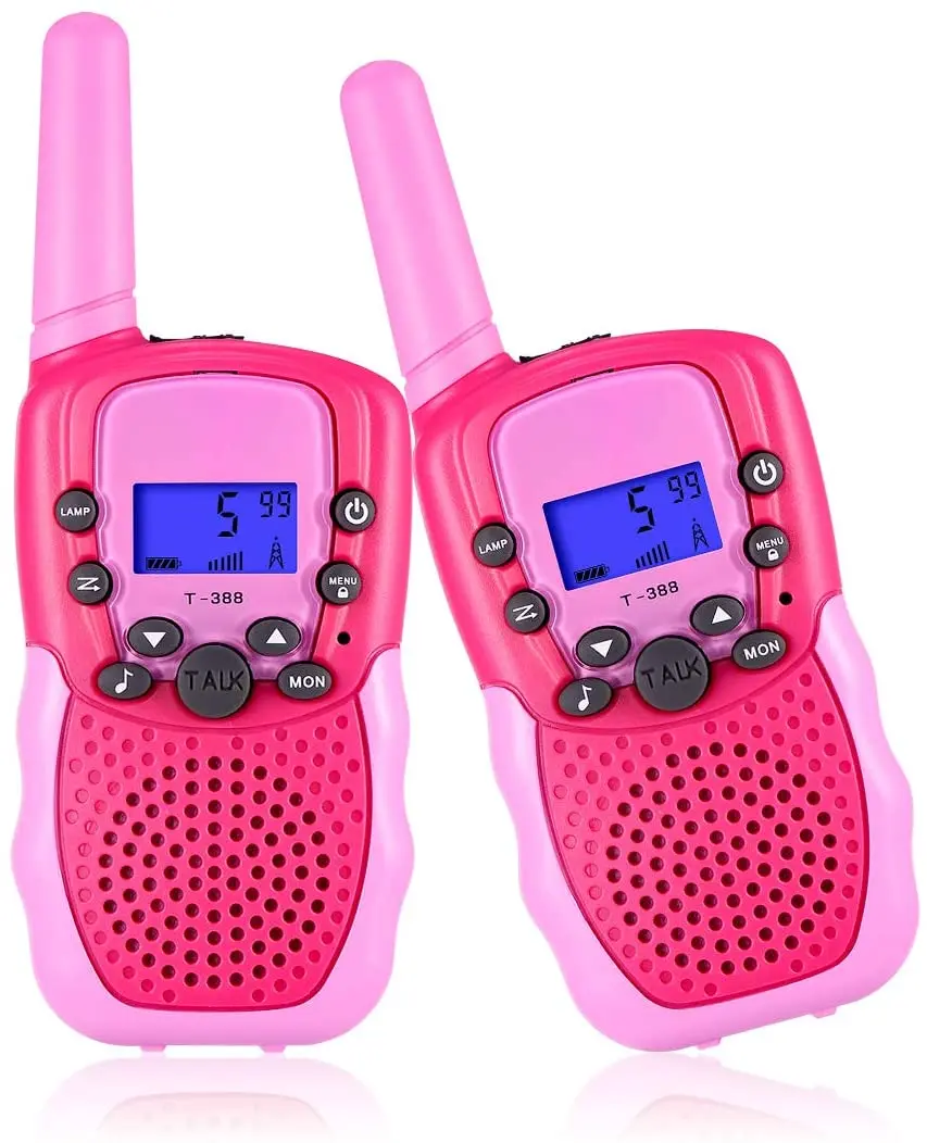 Camping Walkie Talkies for Kids 22 Channels 2 Way Radio Kid Gift Toy 3 KM Long Range with Backlit LCD Flashlight Best Gifts Toys for Outside Hiking 2 Pack, Pink 