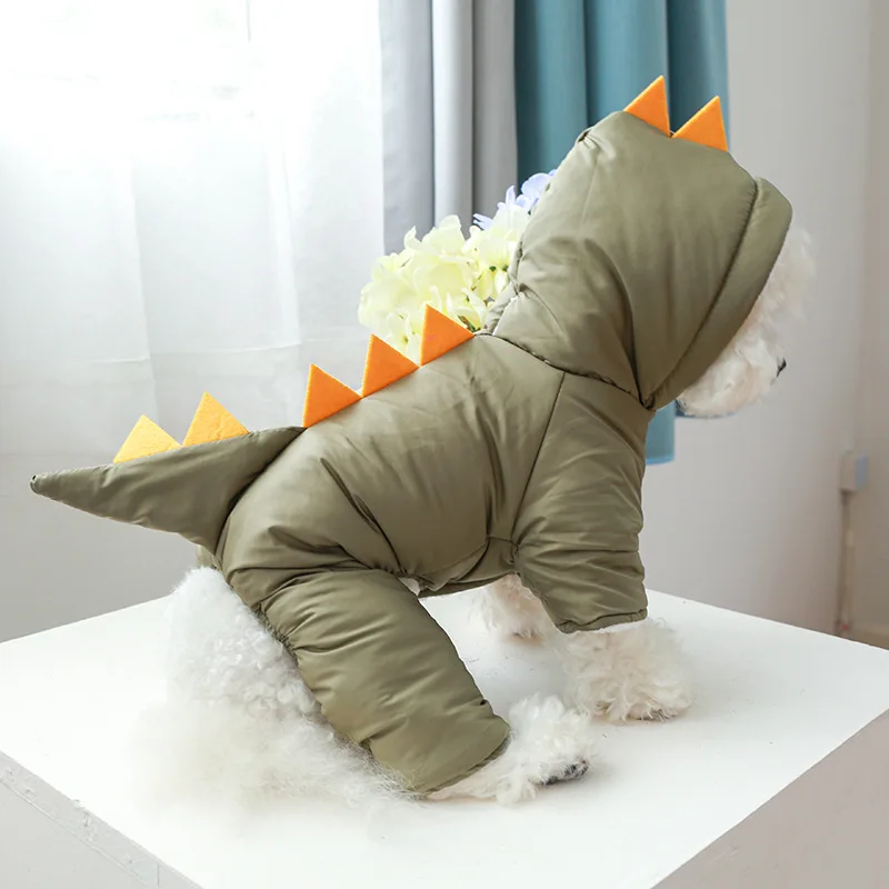 Cute Dog Luxury Clothes Green Yellow Dinosaur Dog Coats Pet Clothes Winter Warming Proof Wind Dog Apparel Clothes factory