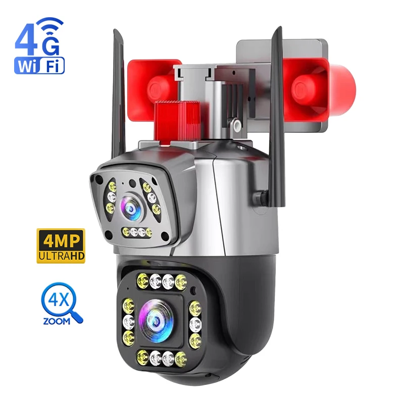 Outdoor Wifi Wireless Camera 4mp Dual Lens Ptz 4x Zoom Security Surveillance Panoramic Full Color Ip Network Cctv Camera