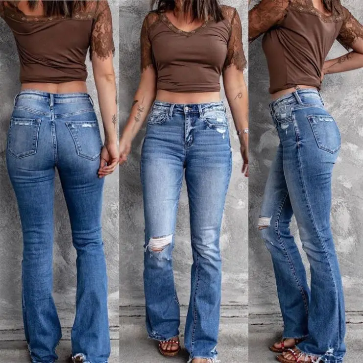 2021 Fashion Hole Ripped Denim Flare Pants Wide Leg Women High Bell Bottoms Jeans