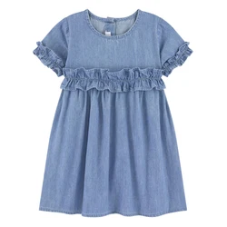 Guangzhou factory production blue color denim summer dresses ruffles jean dress for 2-10 year