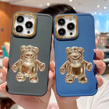 China factory direct supply electroplating 3D golden cute bear best price mobile phone case for iphone 15 14 13 12 11 pro max