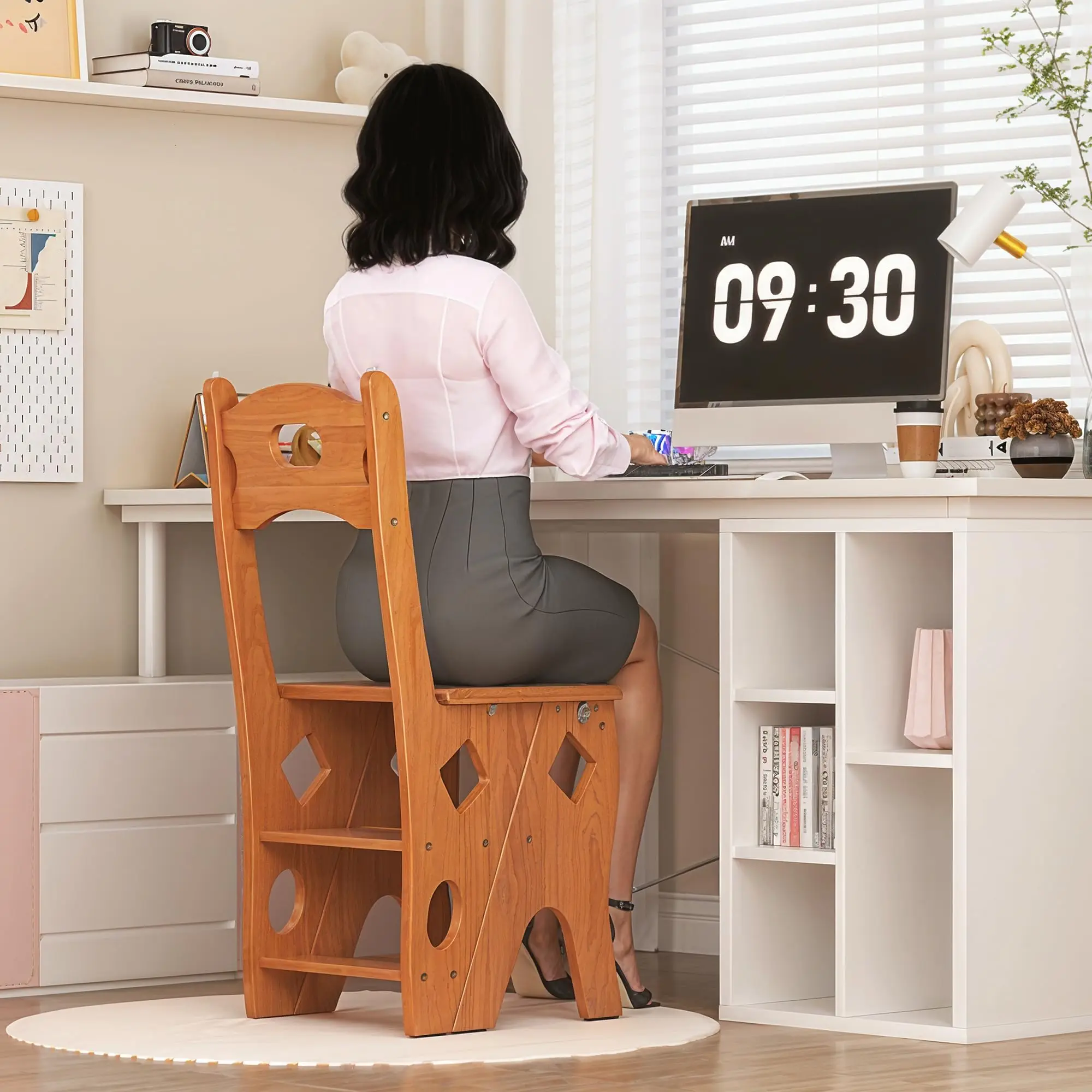 product portable foldable wooden stair chair living room furniture with library ladder display rack for bedroom storage decor-15