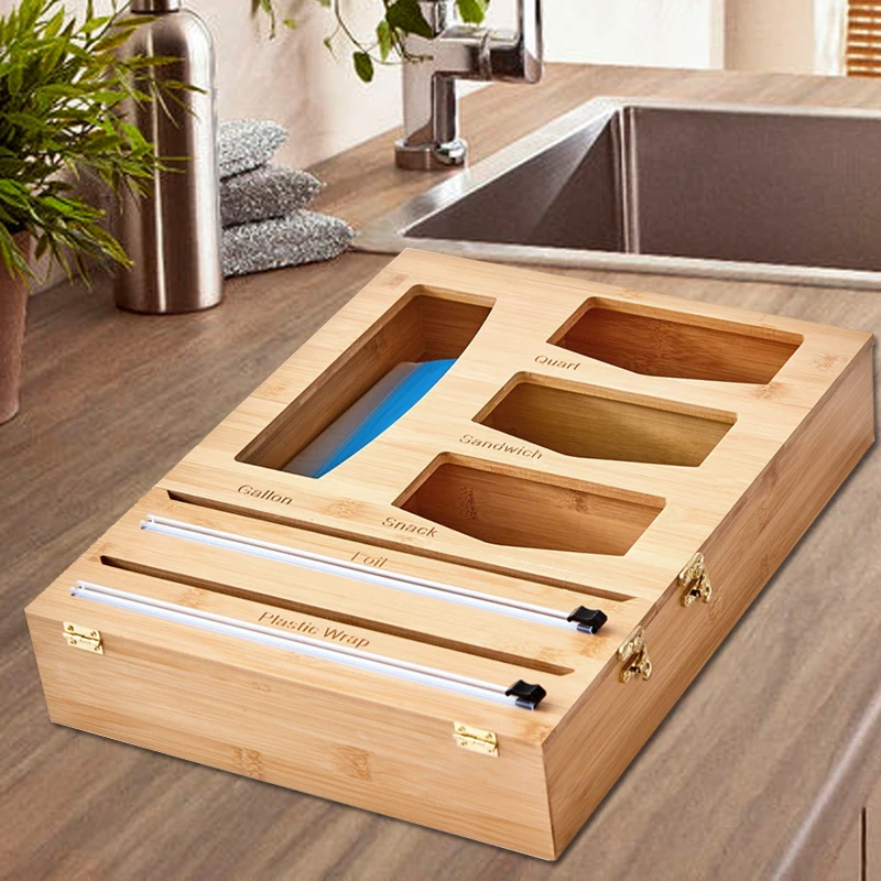 SOPEWOD Bamboo Ziplock Bag Storage Organizer for Kitchen Drawer Openable Top Lids Food Storage Bag Holders Box