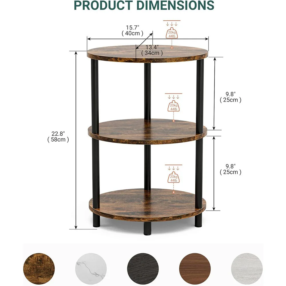 3-Tier Small Round Side Table Easy Assembly Wood Metal Design for Bedroom & Living Room Coffee Tables details