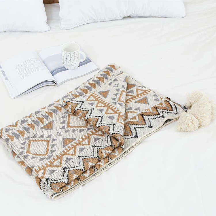 Brand New Product Bohemian Style Acrylic Winter Decor Knitted Bed Tail Travel Blanket