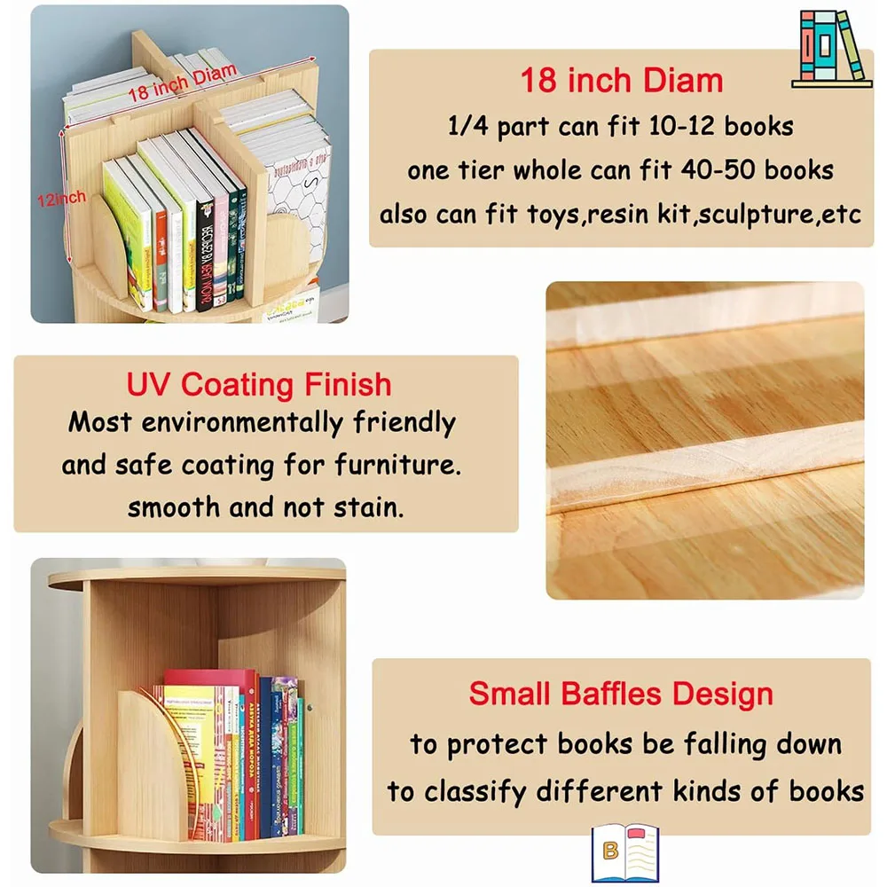 Modern 3-Tier Rotating Bookshelf with 360 Display Wood Panel Standing Kids Bookcase with Legs details