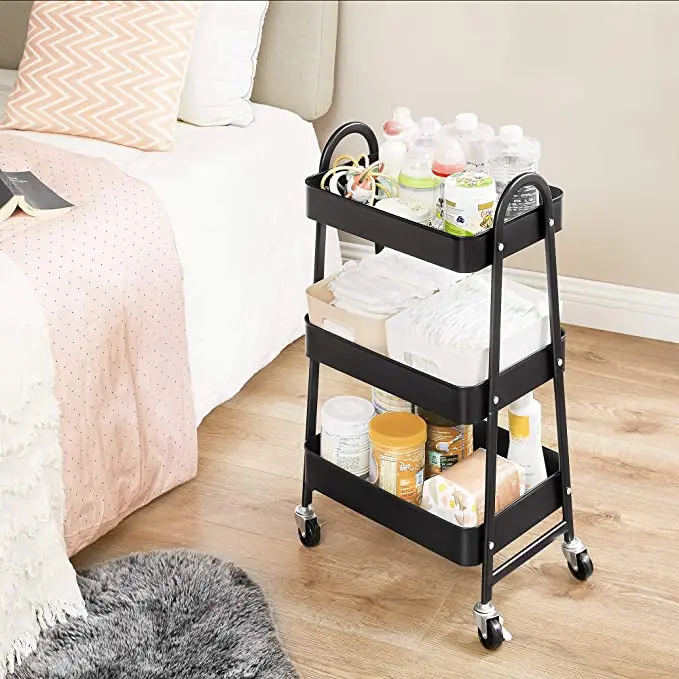 high quality  Manufacturer Makeup Utility Organizer Cart 3 Tier Kitchen Storage Holder Rack Trolley With Four Wheels