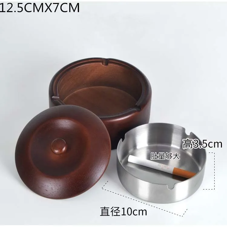 Custom High Quality  Round Bamboo Accessories Metal Wooden Ashtrays Holder Support Inox Cigar Ashtray