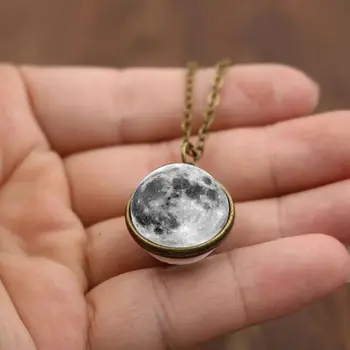 Globe Gray Full Moon Necklace in dark glass Glow Pendant Charm Space Jewelry Ball Pendant Necklace