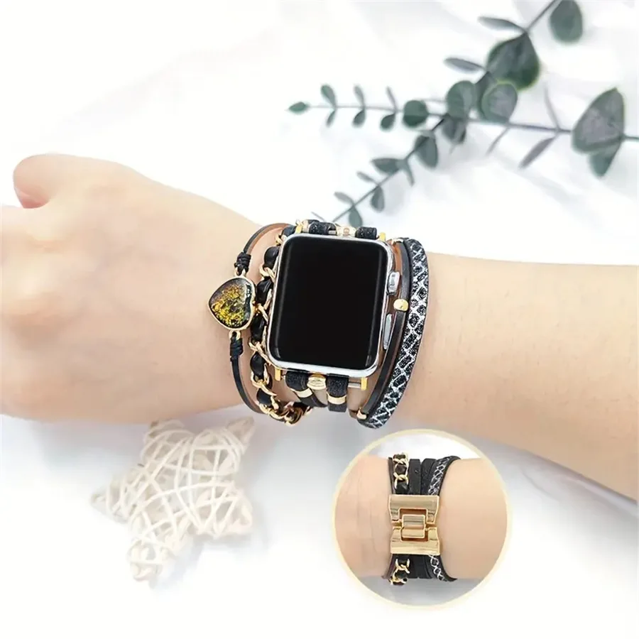 Bohemian Leather Chain Bracelet For iWatch 9/8/7/6 Fashion Luxury Women Heart Diamond Glitter Watch Straps For Apple Watch 49/45