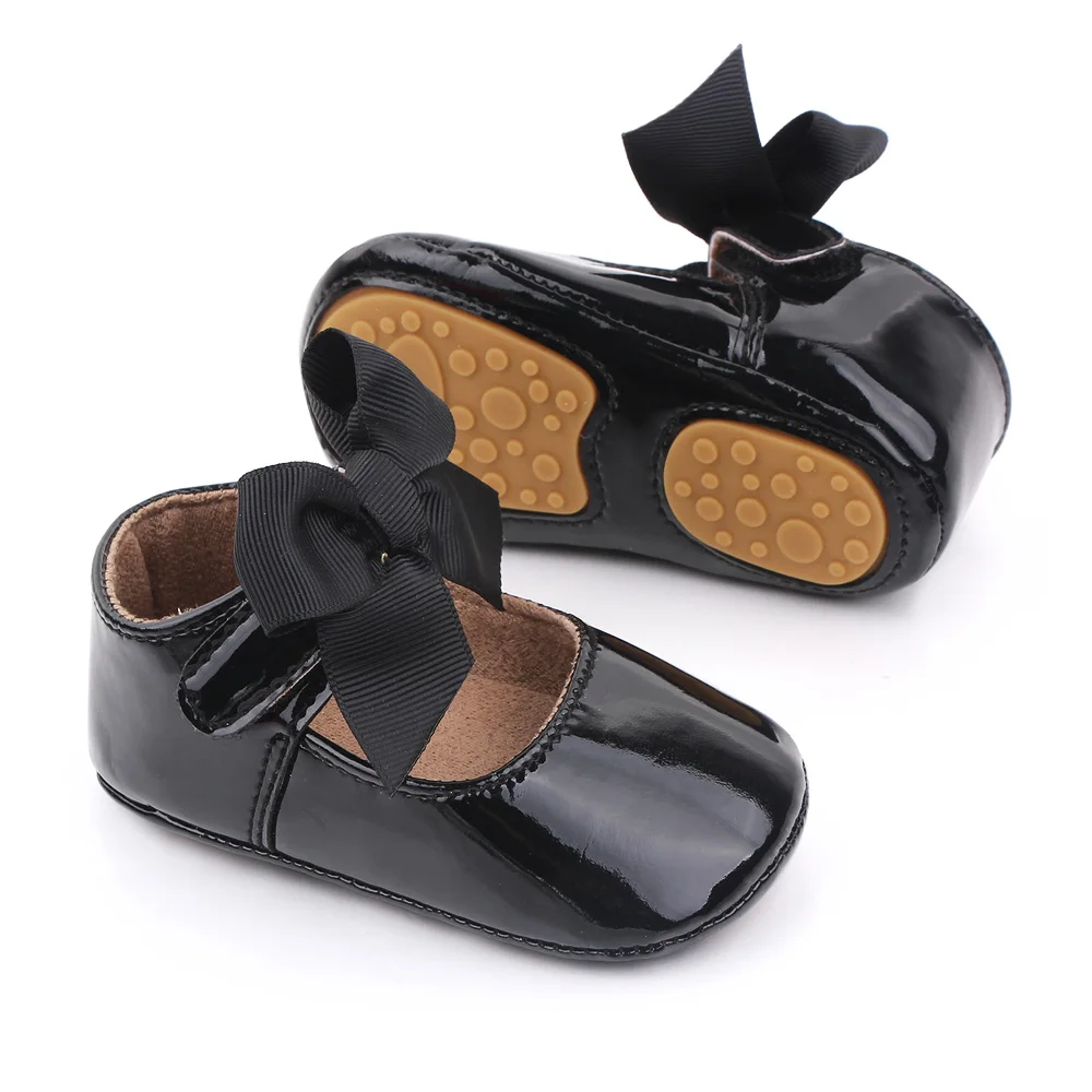 Solid Color PU Leather Top Big Bow Baby Girls Princess Soft Soled Non-slip Toddler Shoes details