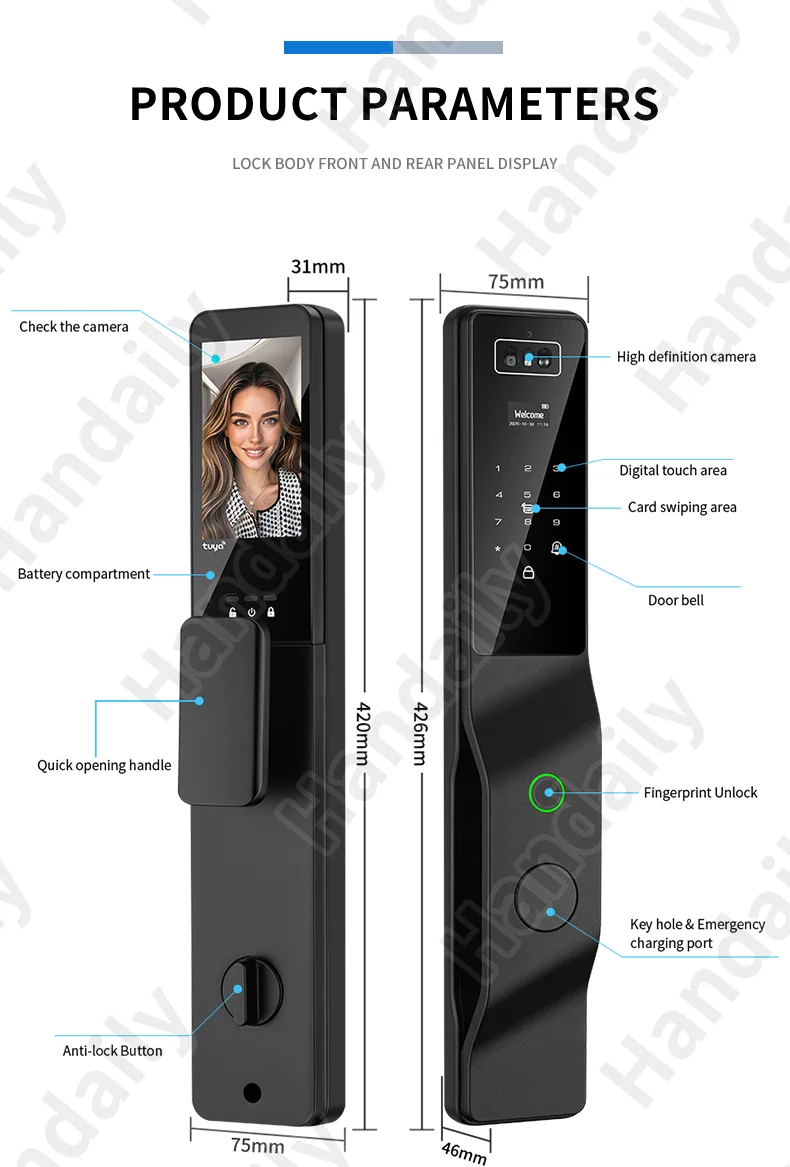 handaily palm vein tuya wifi door lock 3d biometric face id video monitoring intercom digital electronic locks for front door ddl9-10