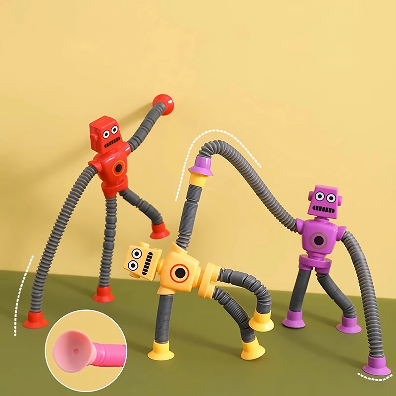 Unisex Sucker Robot Telescopic Toys Versatile Ss Stretch Tubes Luminous Decompression Fidget Pop Toys for 2-4 Year Olds