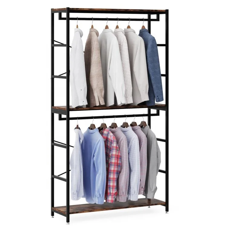 Tribesigns Freestanding 3 Tiers Shelves Clothes Garment Racks Double Hanger Rod Wardrobe Wooden Bedroom Laundry