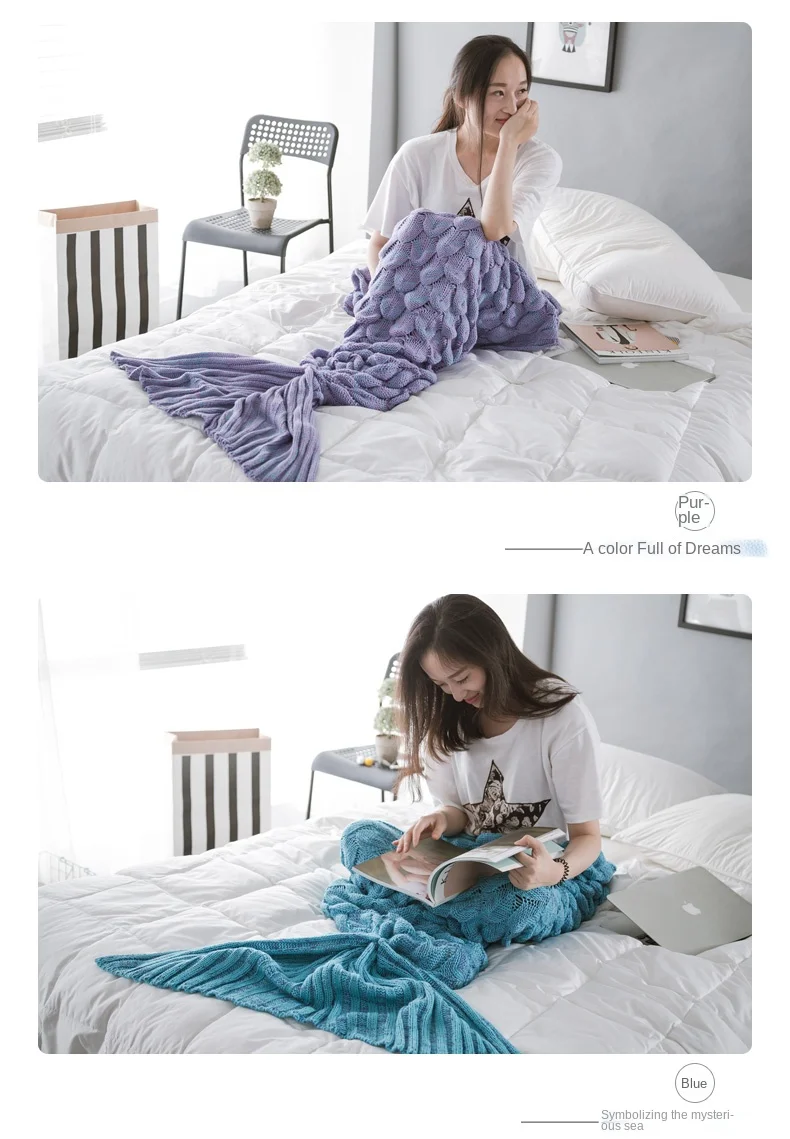 product hot selling warm and comfortable chunky soft little mermaid acrylic custom knitted throw blanket yl-59